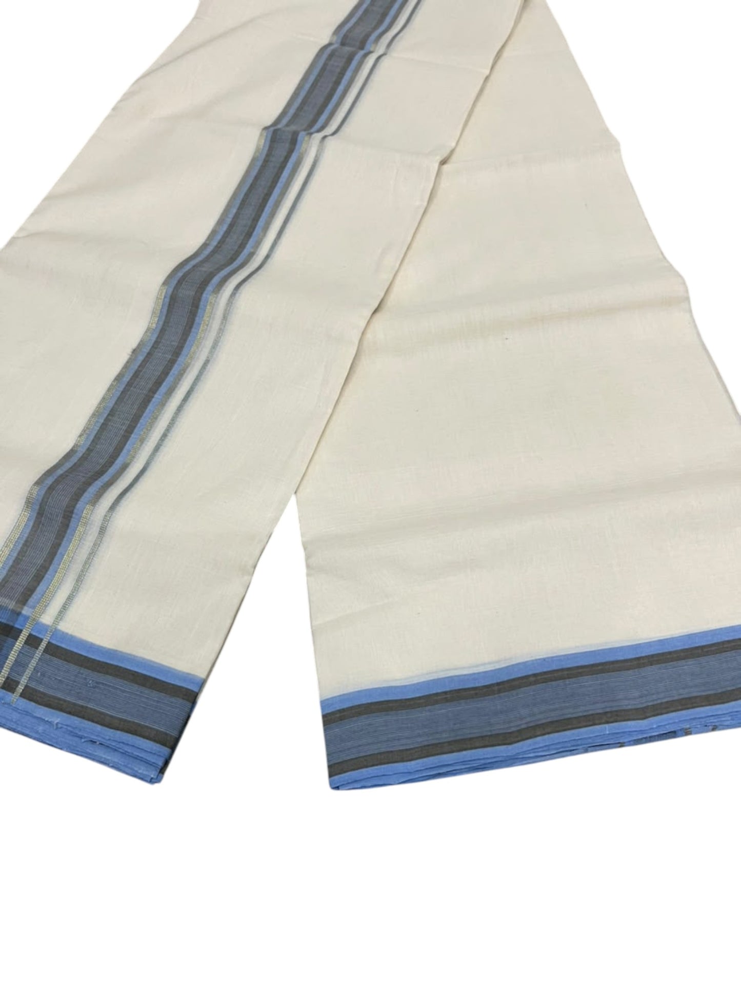 Southloom Balaramapuram Unakkupaavu Premium Handloom Cotton Double Mundu with Gold Kasavu and Blue Border