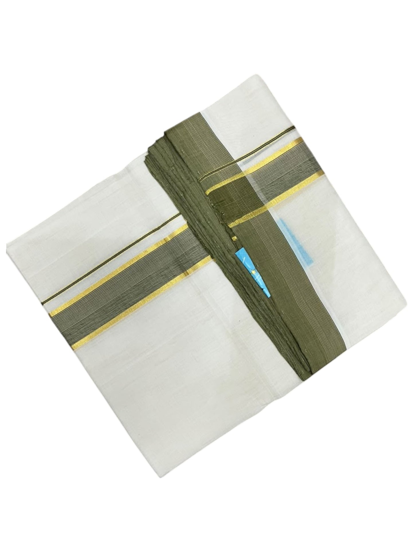 Southloom Balaramapuram Unakkupaavu Premium Handloom Cotton Double Mundu with Gold Kasavu and Olive Green Border