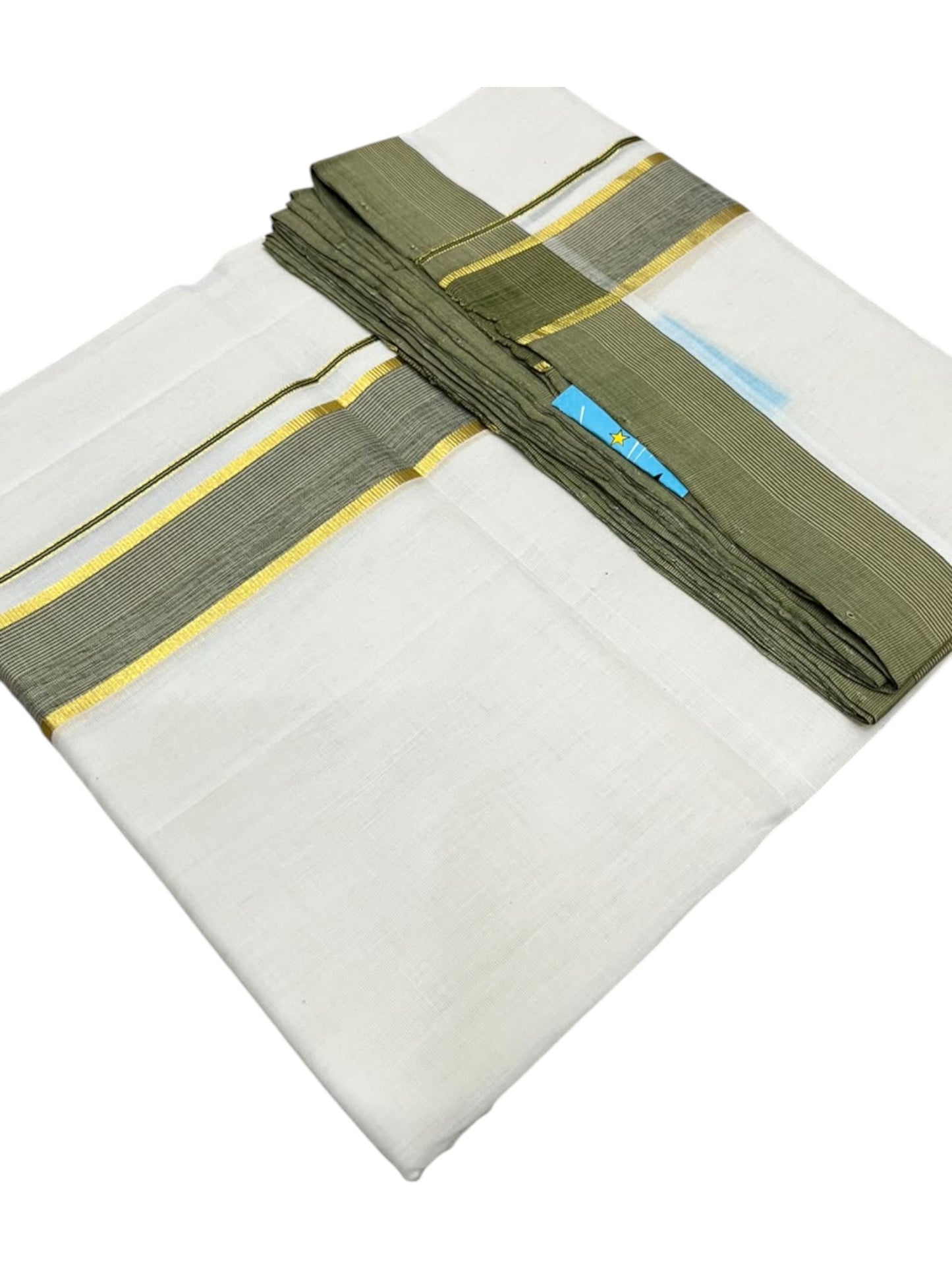 Southloom Balaramapuram Unakkupaavu Premium Handloom Cotton Double Mundu with Gold Kasavu and Olive Green Border