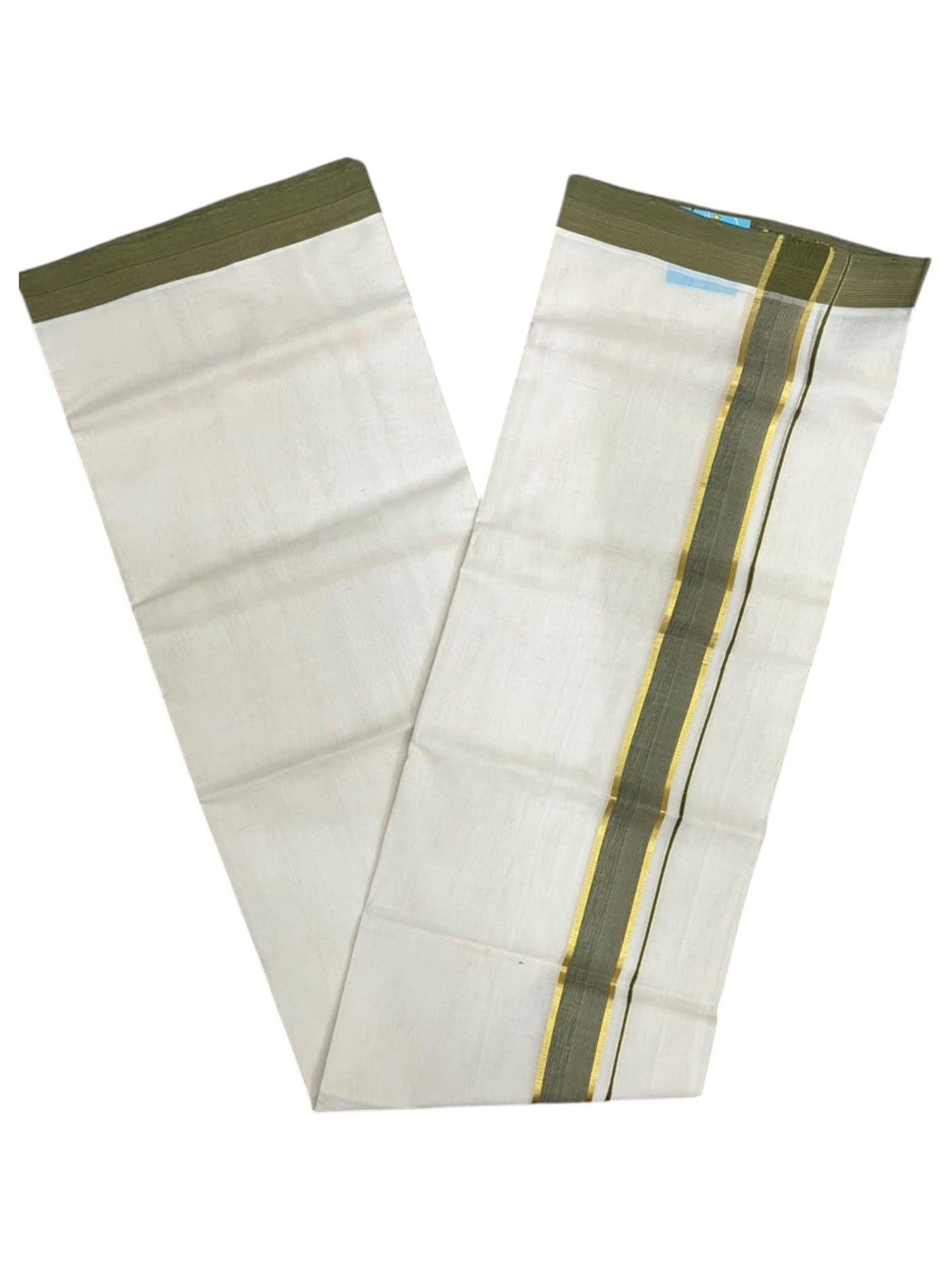 Southloom Balaramapuram Unakkupaavu Premium Handloom Cotton Double Mundu with Gold Kasavu and Olive Green Border