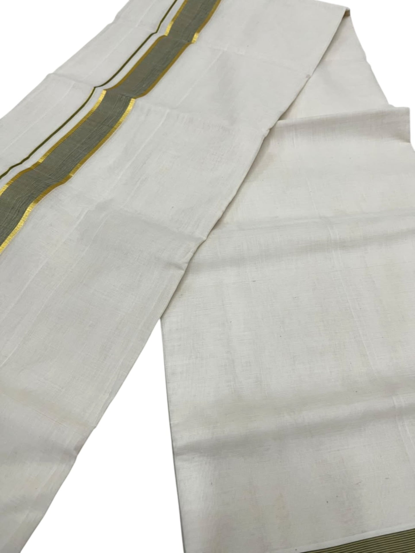 Southloom Balaramapuram Unakkupaavu Premium Handloom Cotton Double Mundu with Gold Kasavu and Olive Green Border