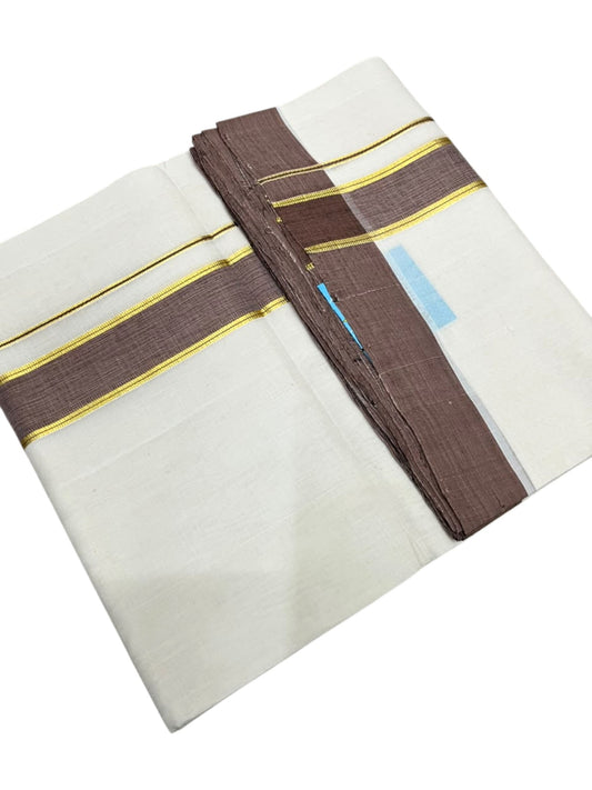 Southloom Balaramapuram Unakkupaavu Premium Handloom Cotton Double Mundu with Gold Kasavu and  Border