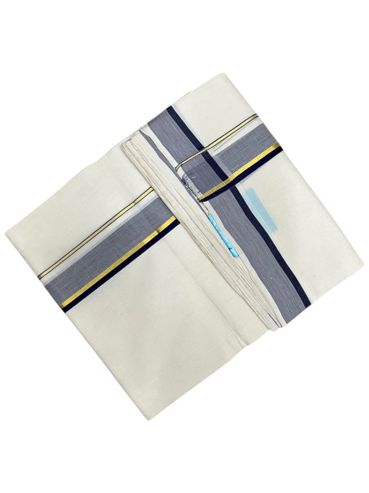 Southloom Balaramapuram Unakkupaavu Premium Handloom Cotton Double Mundu with Gold Kasavu and Blue Border (