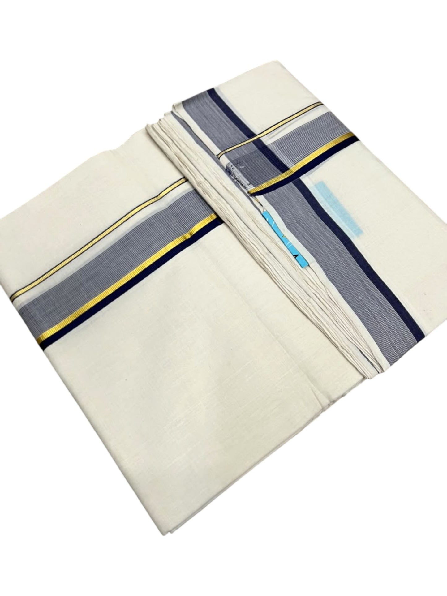 Southloom Balaramapuram Unakkupaavu Premium Handloom Cotton Double Mundu with Gold Kasavu and Blue Border (