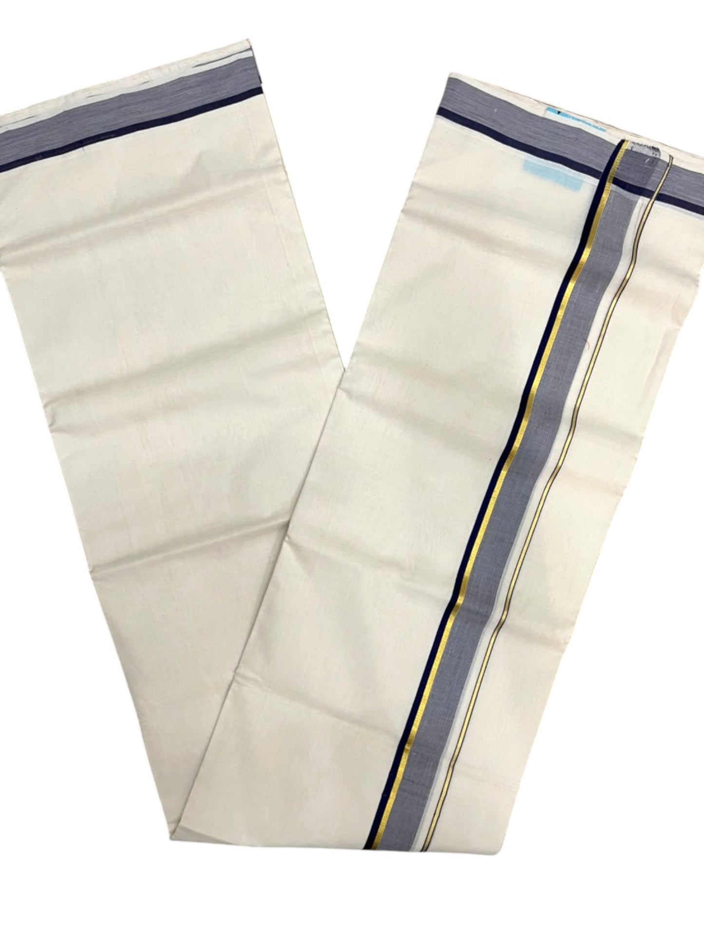 Southloom Balaramapuram Unakkupaavu Premium Handloom Cotton Double Mundu with Gold Kasavu and Blue Border (