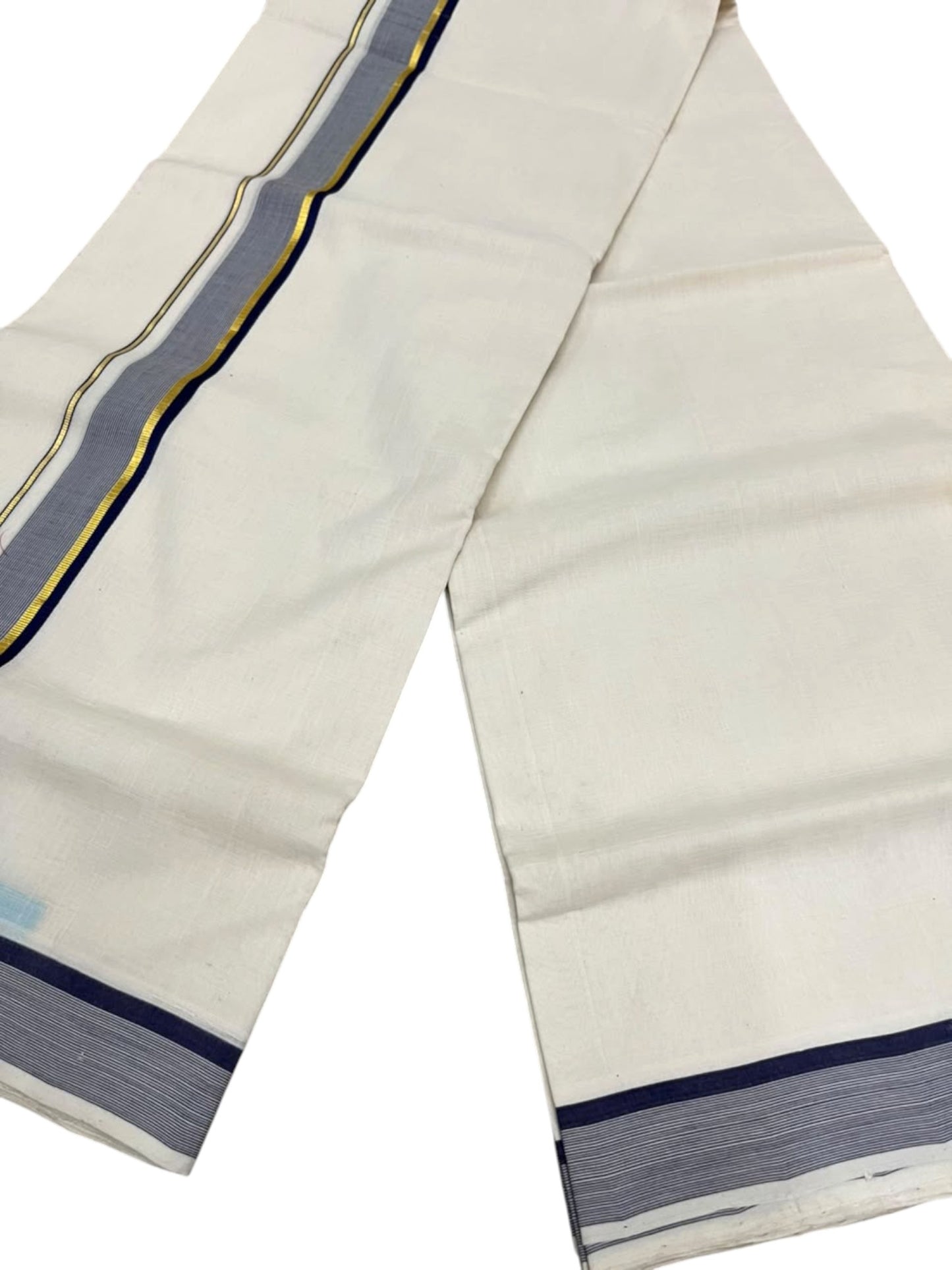 Southloom Balaramapuram Unakkupaavu Premium Handloom Cotton Double Mundu with Gold Kasavu and Blue Border (