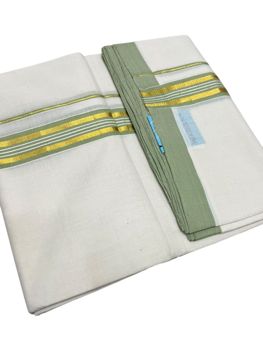 Southloom Balaramapuram Unakkupaavu Premium Handloom Cotton Double Mundu with Gold Kasavu and Olive Green Border