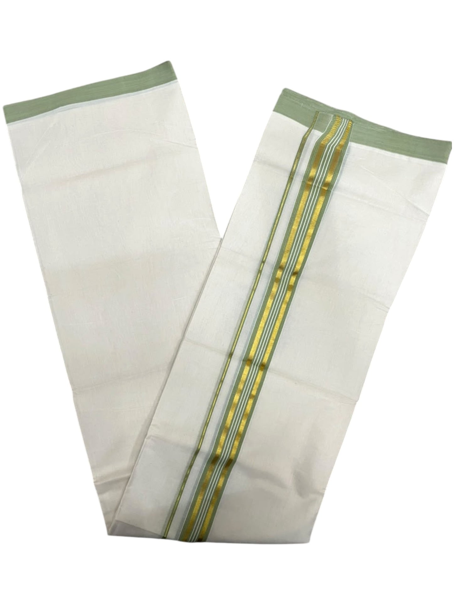 Southloom Balaramapuram Unakkupaavu Premium Handloom Cotton Double Mundu with Gold Kasavu and Olive Green Border