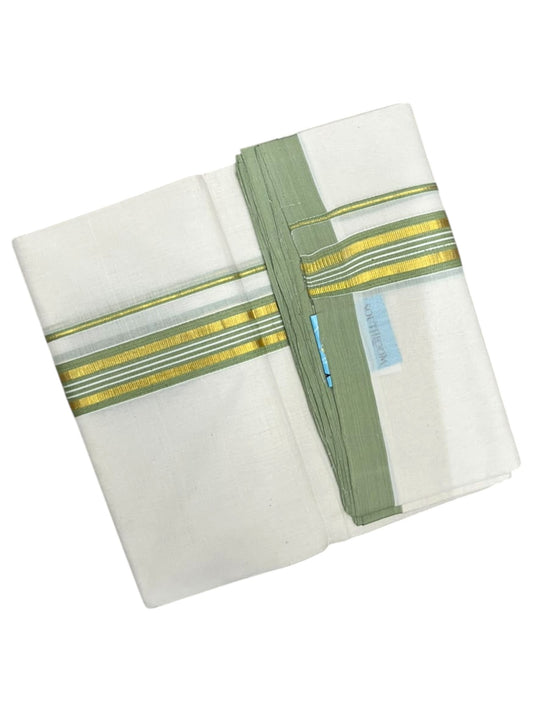 Southloom Balaramapuram Unakkupaavu Premium Handloom Cotton Double Mundu with Gold Kasavu and Olive Green Border