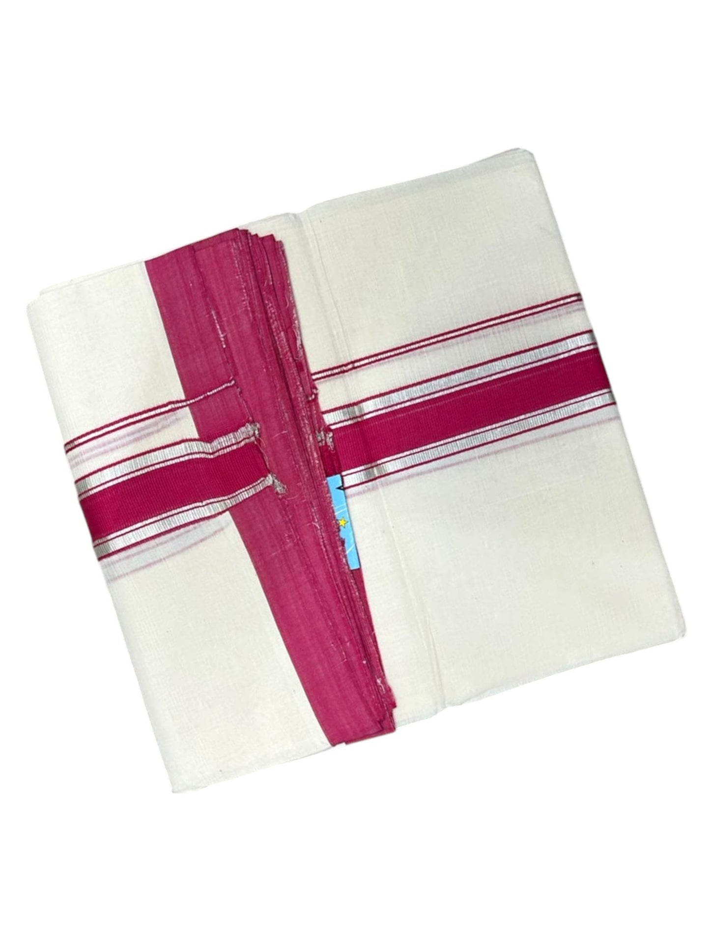 Southloom Pure Cotton Mundu with Silver Lines and Magenta Border (South Indian Kerala Dhoti)