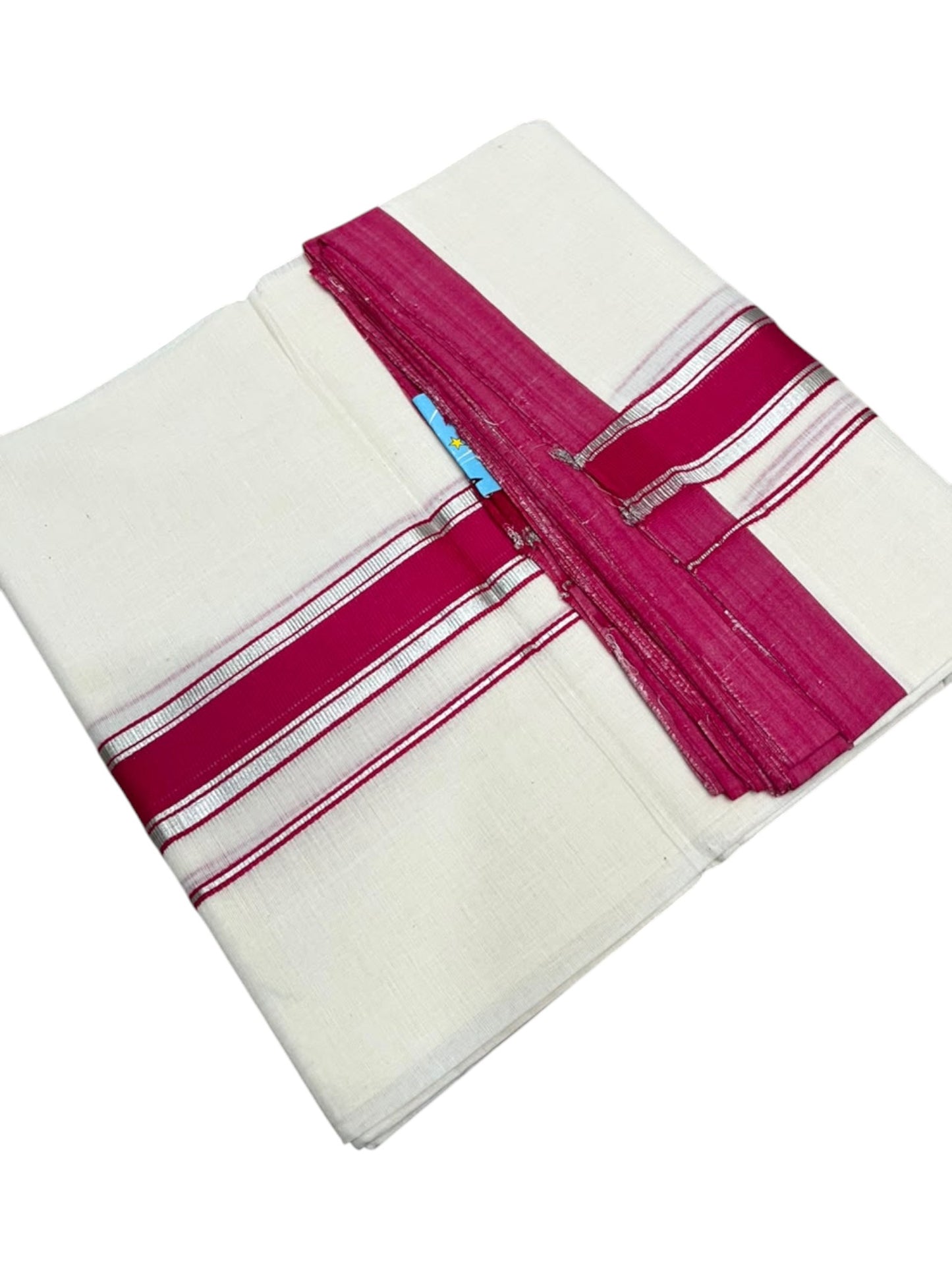 Southloom Balaramapuram Unakkupaavu Premium Handloom Cotton Double Mundu with Silver Kasavu and Border