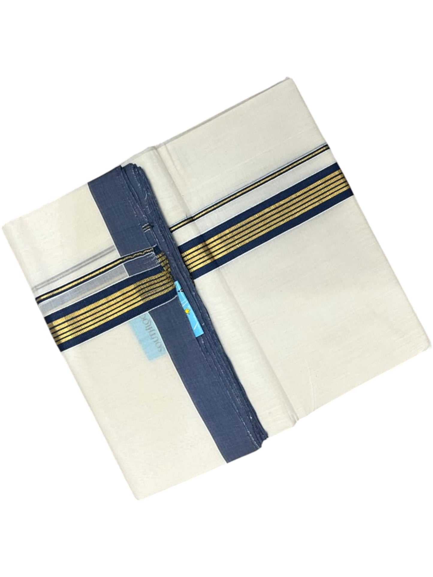 Southloom Balaramapuram Unakkupaavu Premium Handloom Cotton Double Mundu with Gold Kasavu and Blue Border