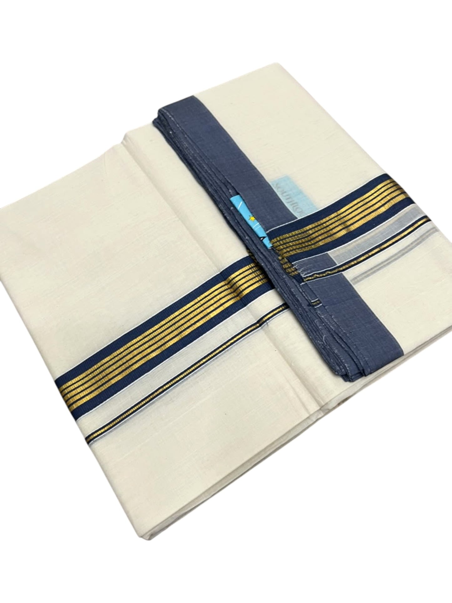 Southloom Balaramapuram Unakkupaavu Premium Handloom Cotton Double Mundu with Gold Kasavu and Blue Border
