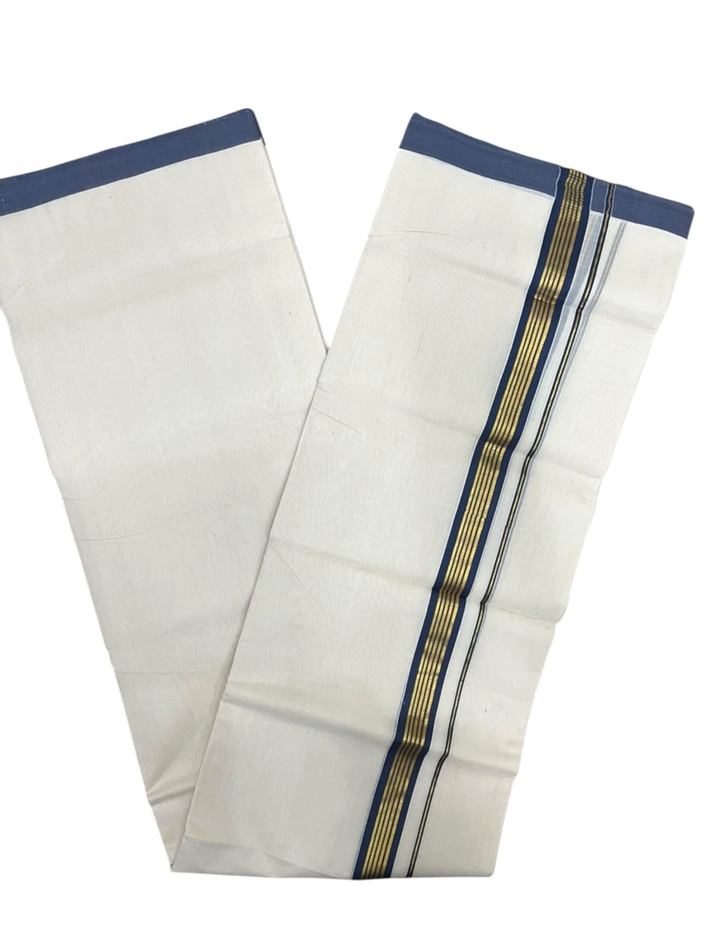 Southloom Balaramapuram Unakkupaavu Premium Handloom Cotton Double Mundu with Gold Kasavu and Blue Border
