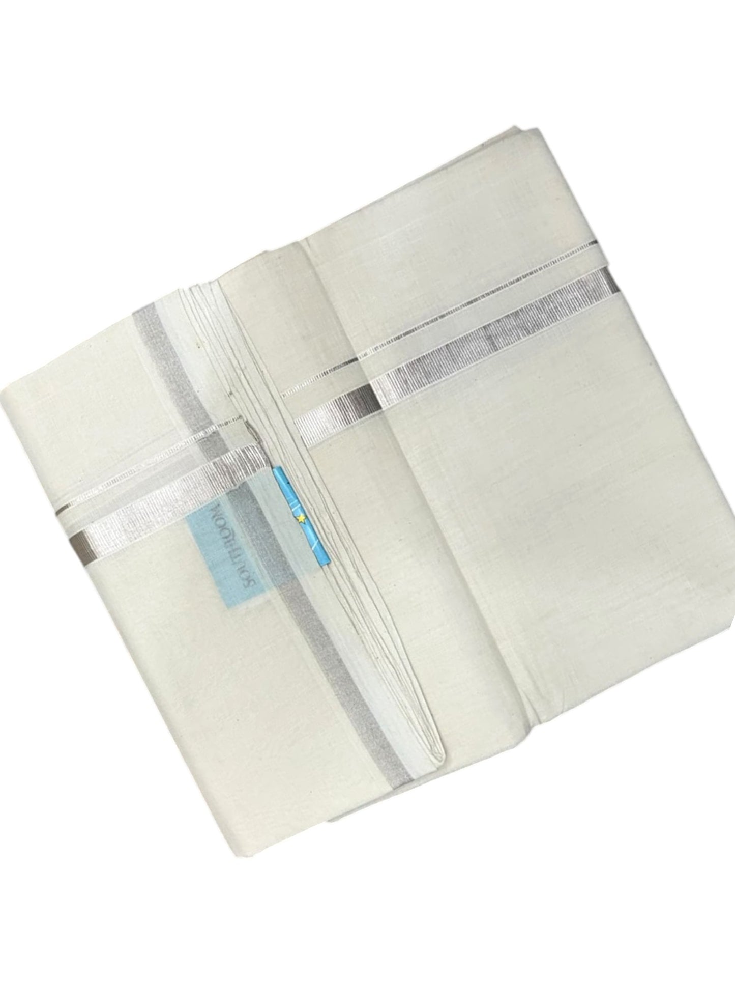 Southloom Balaramapuram Unakkupaavu Premium Handloom Cotton Double Mundu with Silver Kasavu and Border