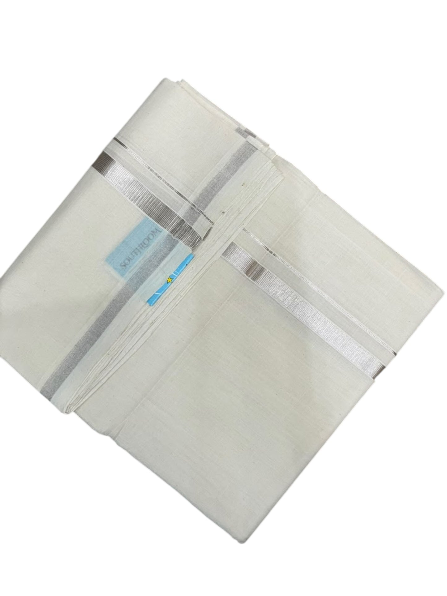 Southloom Balaramapuram Unakkupaavu Premium Handloom Cotton Double Mundu with Silver Kasavu and Border