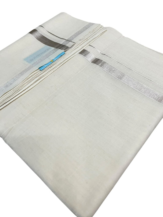 Southloom Balaramapuram Unakkupaavu Premium Handloom Cotton Double Mundu with Silver Kasavu and Border