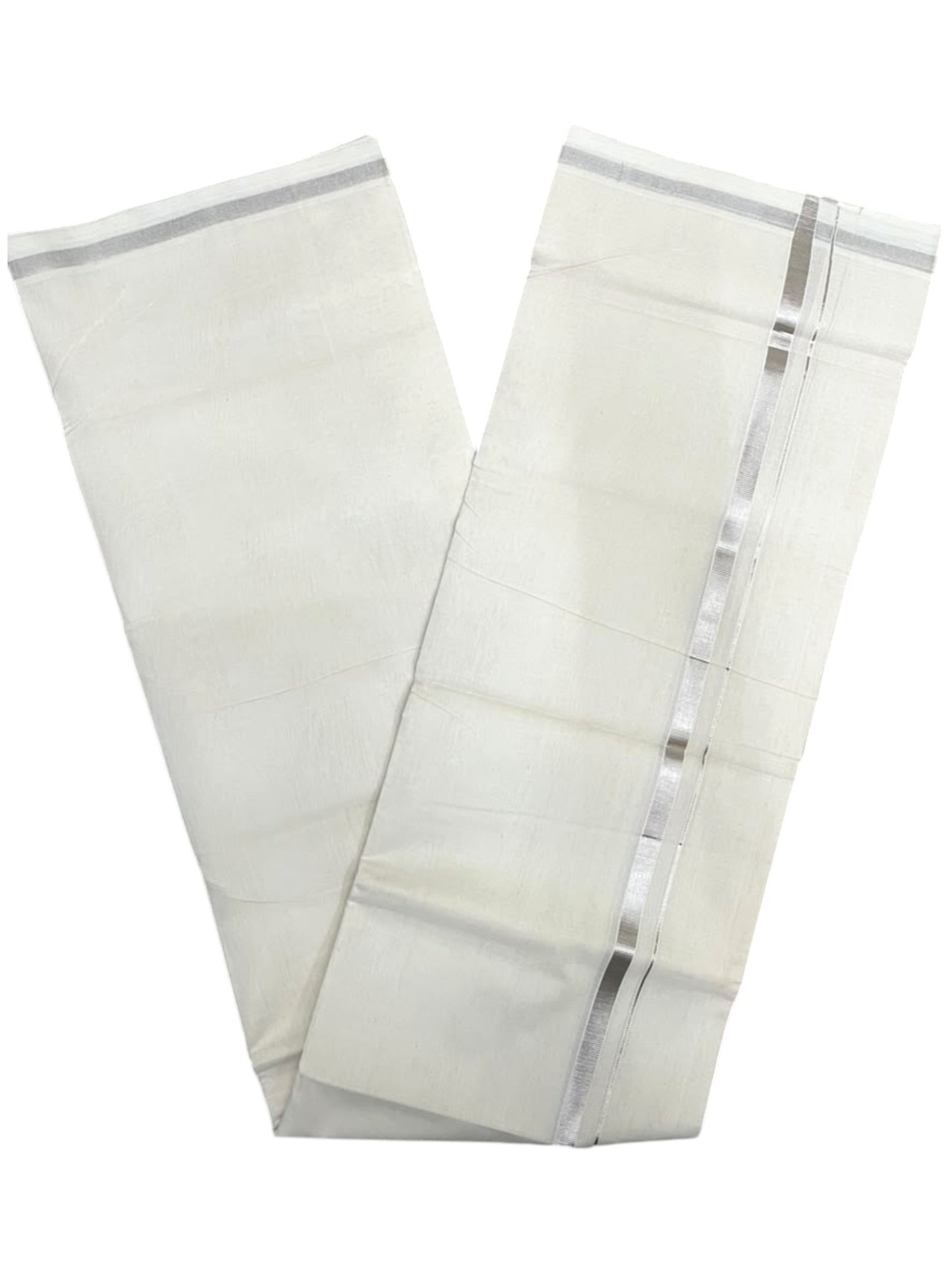 Southloom Balaramapuram Unakkupaavu Premium Handloom Cotton Double Mundu with Silver Kasavu and Border