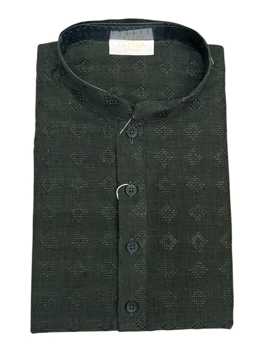 Southloom Green Woven Patterns Semi Silk Short Kurta for Men SL590