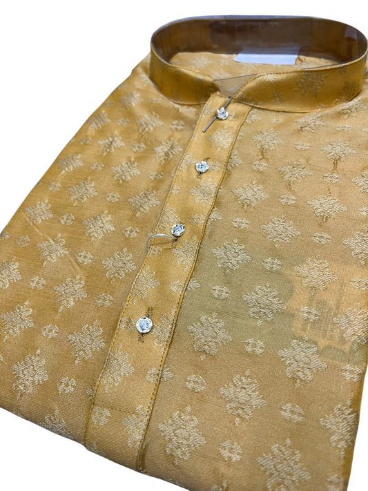 Southloom Yellow Woven Patterns Semi Silk Short Kurta for Men SL590