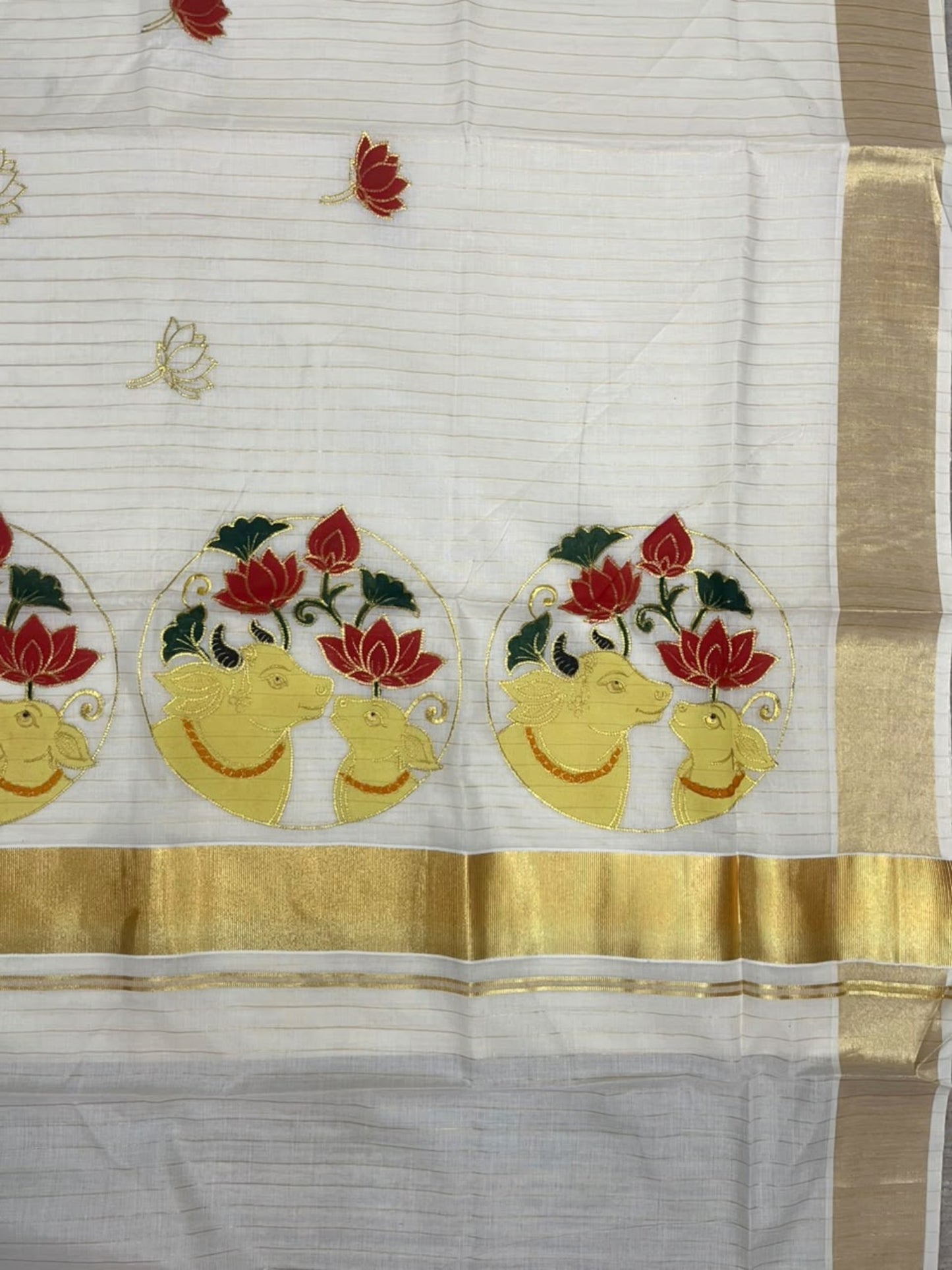Southloom Cotton Kerala Kasavu Saree with Hand Painted Embroidery Lotus With Nandhi Design In Red SL593