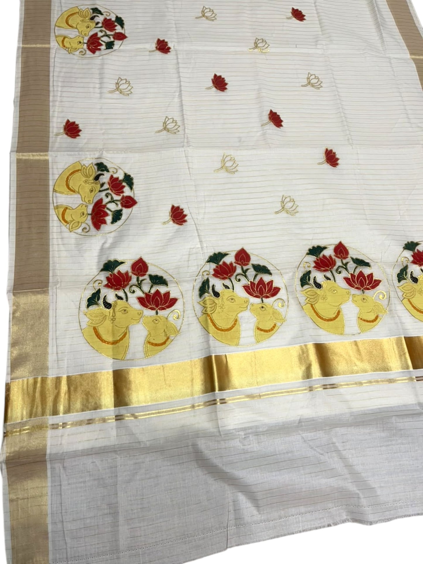 Southloom Cotton Kerala Kasavu Saree with Hand Painted Embroidery Lotus With Nandhi Design In Red SL593