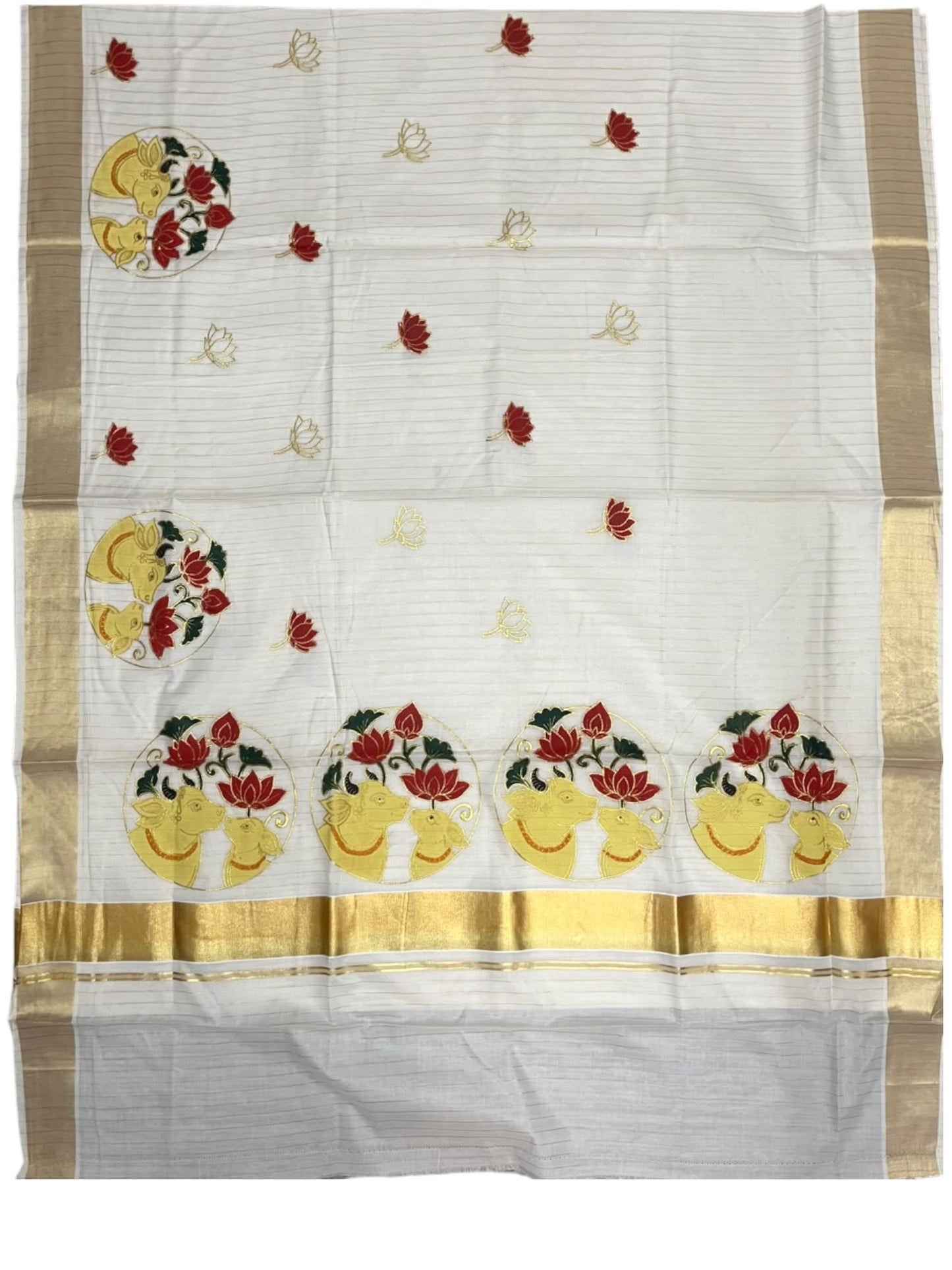 Southloom Cotton Kerala Kasavu Saree with Hand Painted Embroidery Lotus With Nandhi Design In Red SL593