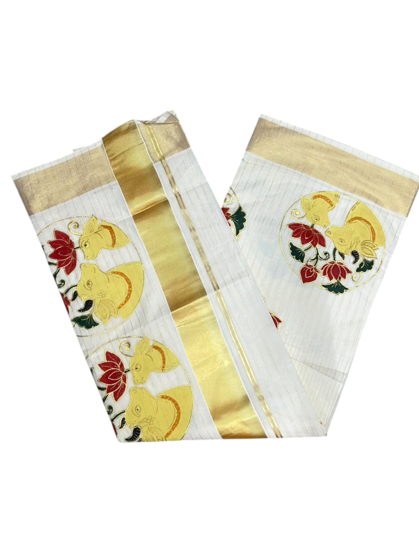 Southloom Cotton Kerala Kasavu Saree with Hand Painted Embroidery Lotus With Nandhi Design In Red SL593
