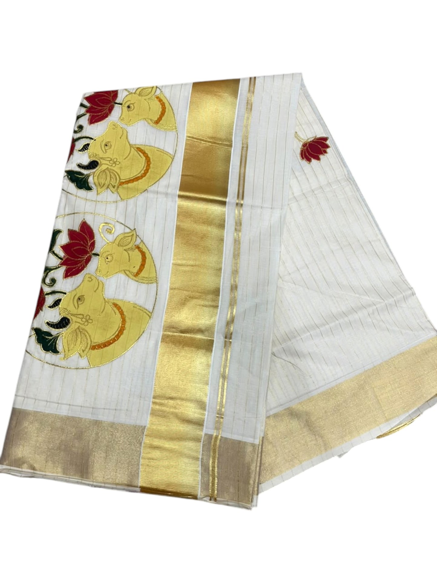 Southloom Cotton Kerala Kasavu Saree with Hand Painted Embroidery Lotus With Nandhi Design In Red SL593