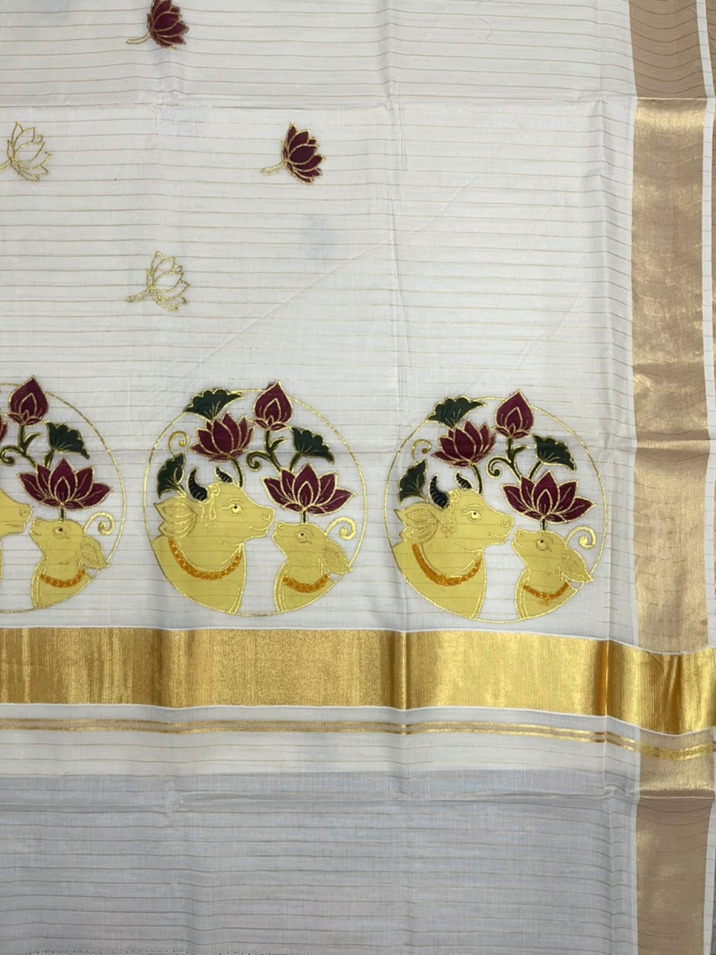 Southloom Cotton Kerala Kasavu Saree with Hand Painted Embroidery Lotus With Nandhi Design In Maroon SL593