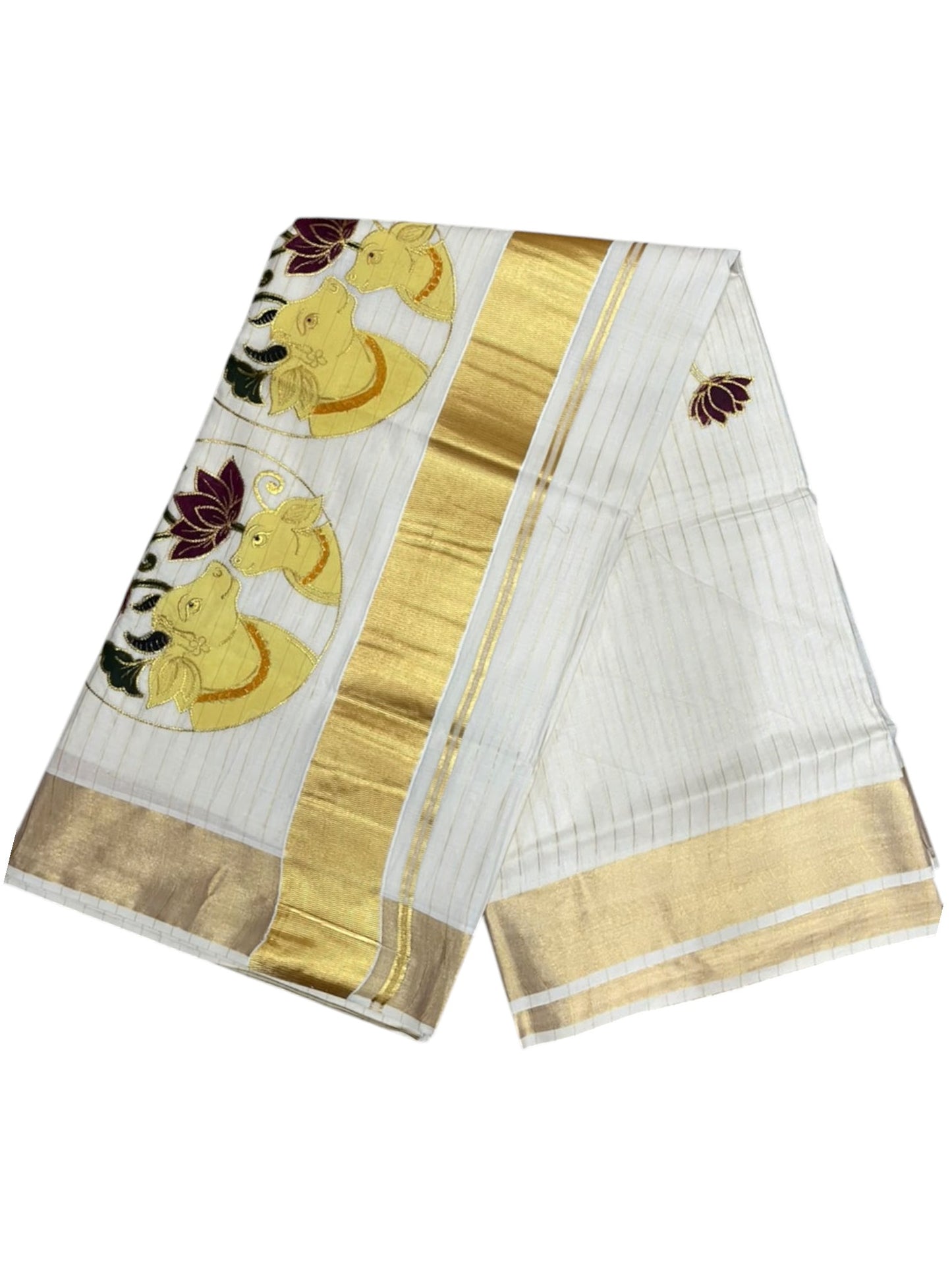 Southloom Cotton Kerala Kasavu Saree with Hand Painted Embroidery Lotus With Nandhi Design In Maroon SL593