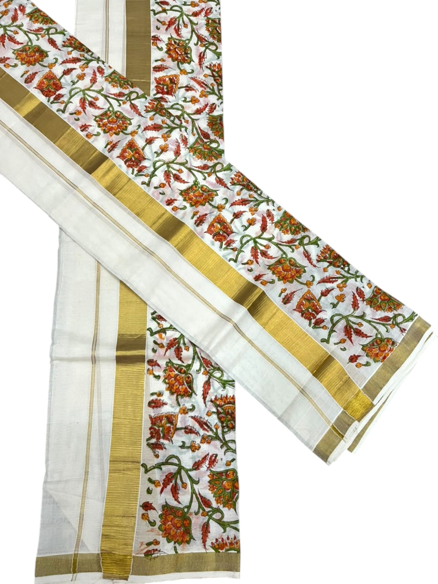 Southloom Cotton Single Set Mundu (Mundu Neriyathum) With Floral Digital Print In Orange 2.80 Mtrs