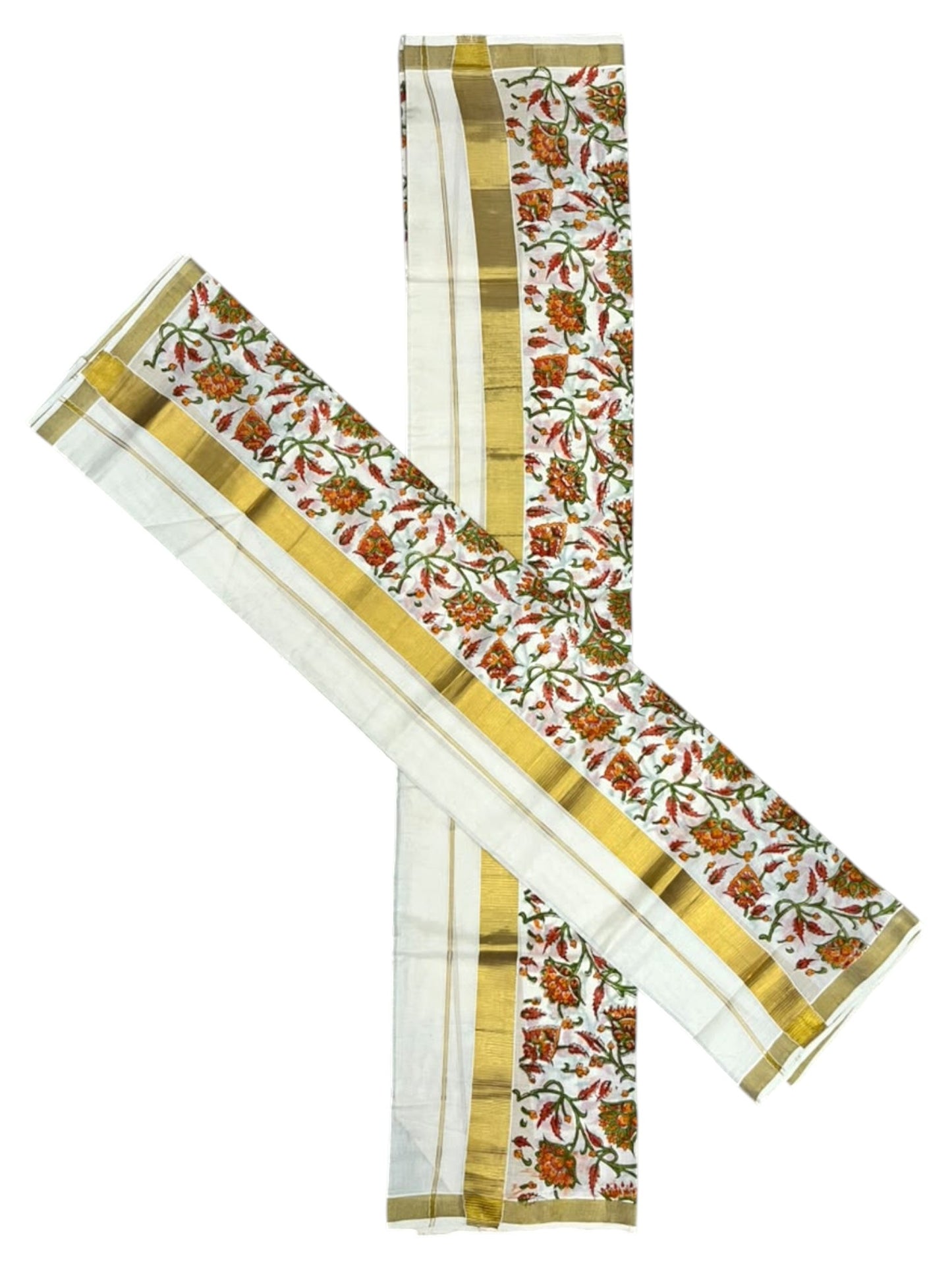 Southloom Cotton Single Set Mundu (Mundu Neriyathum) With Floral Digital Print In Orange 2.80 Mtrs