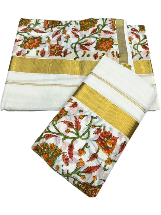 Southloom Cotton Single Set Mundu (Mundu Neriyathum) With Floral Digital Print In Orange 2.80 Mtrs