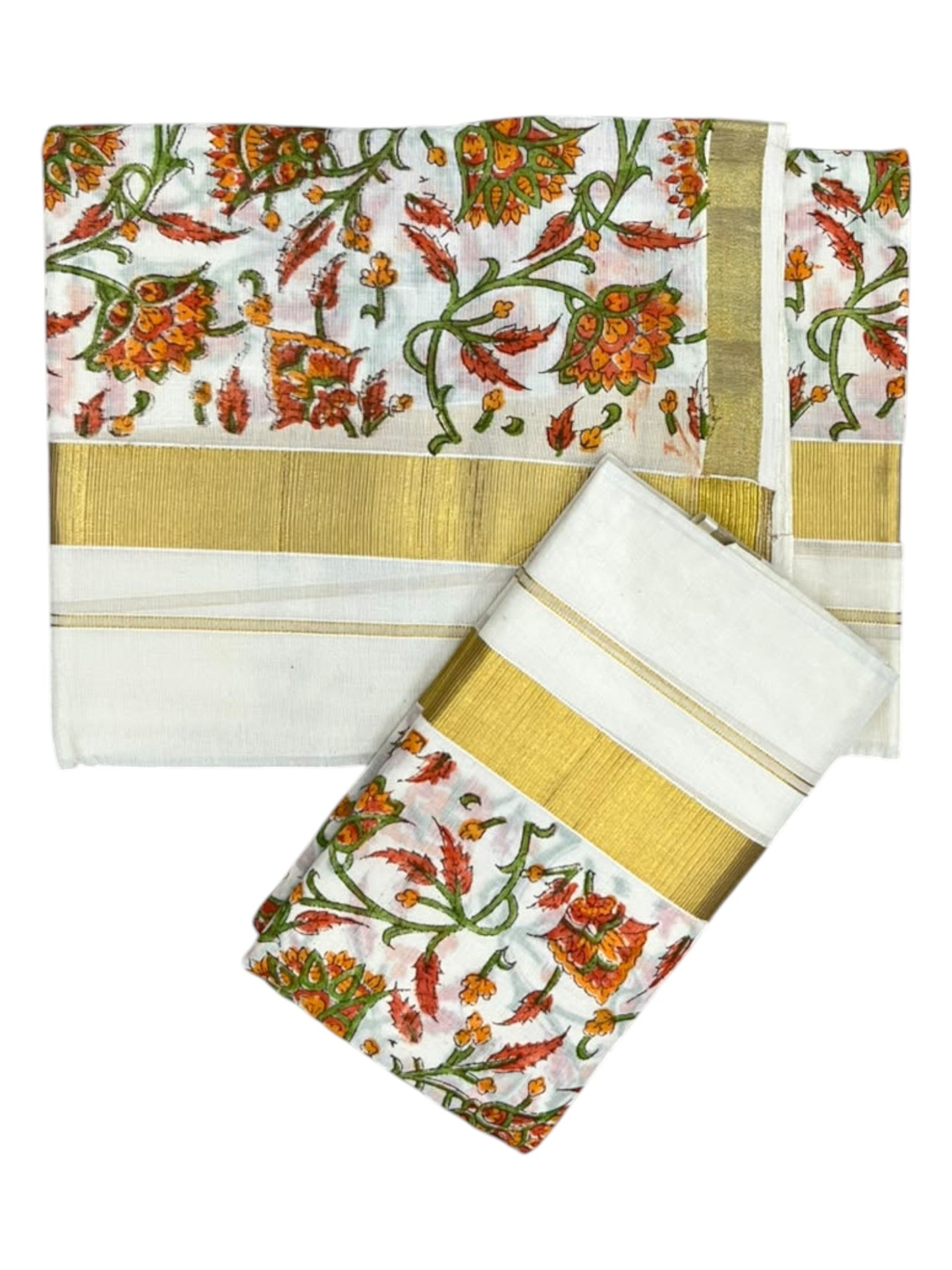 Southloom Cotton Single Set Mundu (Mundu Neriyathum) With Floral Digital Print In Orange 2.80 Mtrs