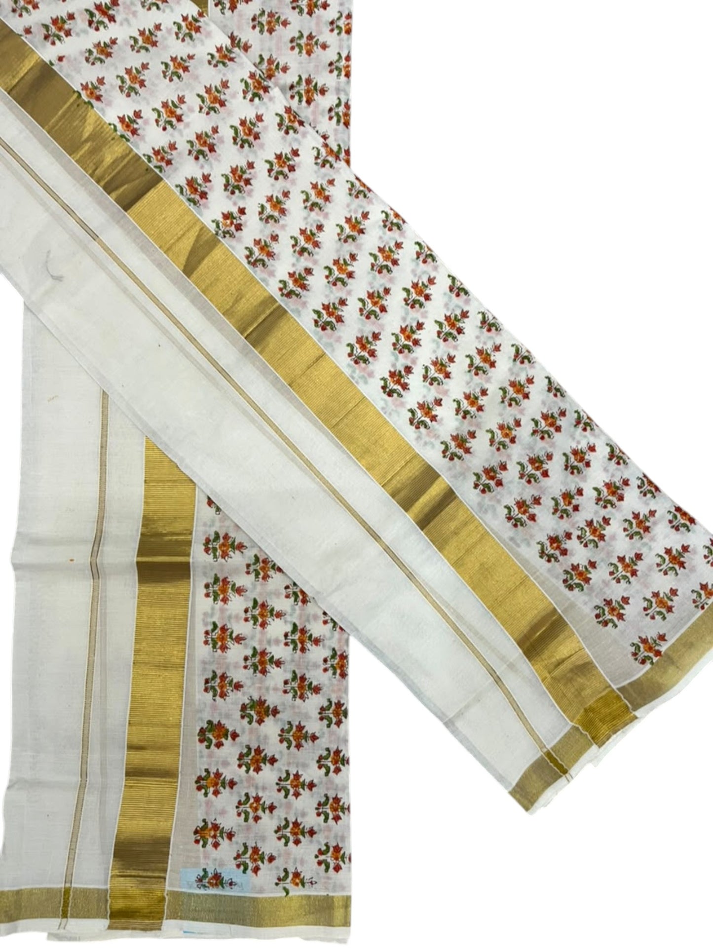 Southloom Cotton Single Set Mundu (Mundu Neriyathum) With Floral Digital Print In Orange 2.80 Mtrs