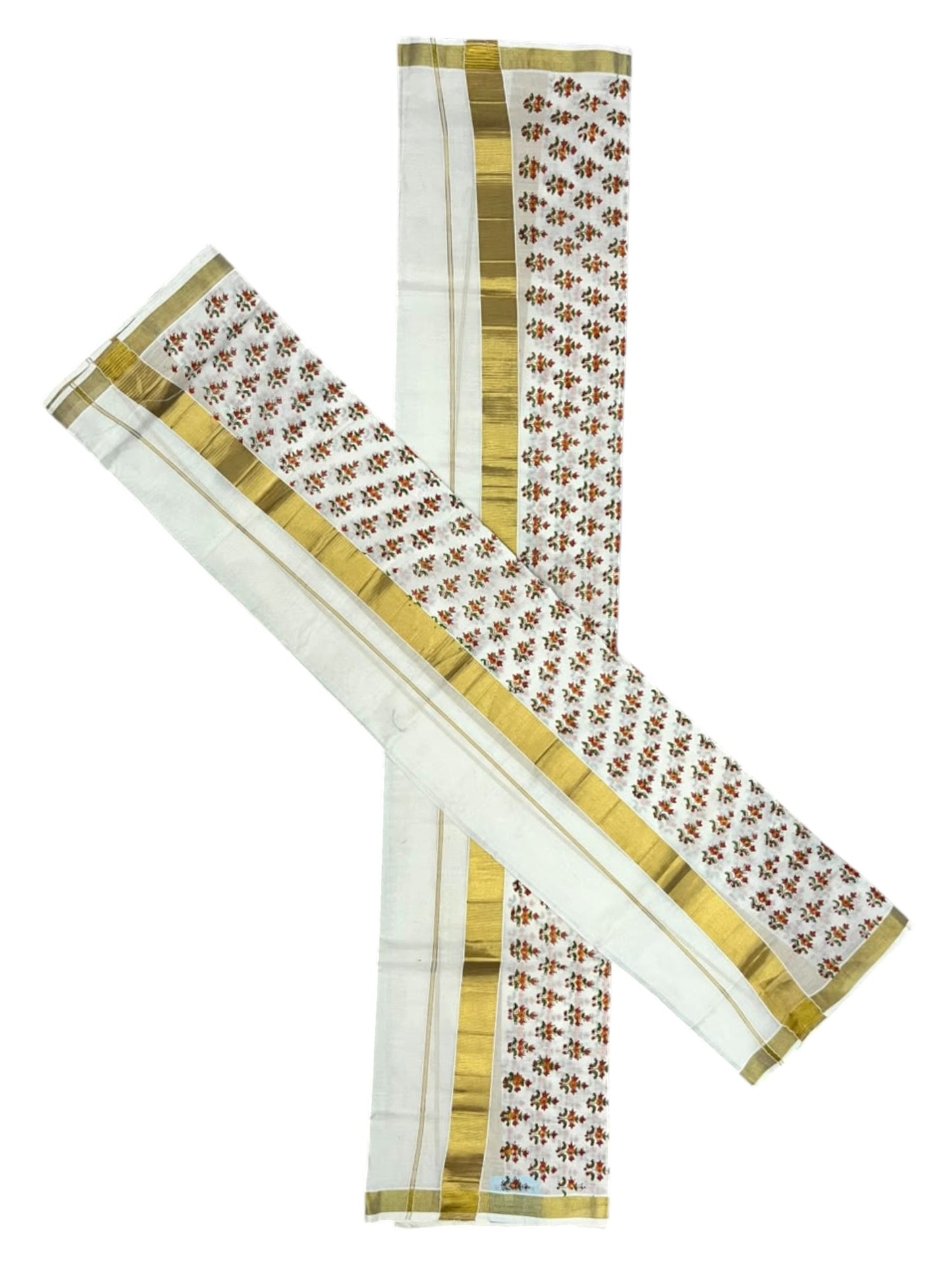 Southloom Cotton Single Set Mundu (Mundu Neriyathum) With Floral Digital Print In Orange 2.80 Mtrs