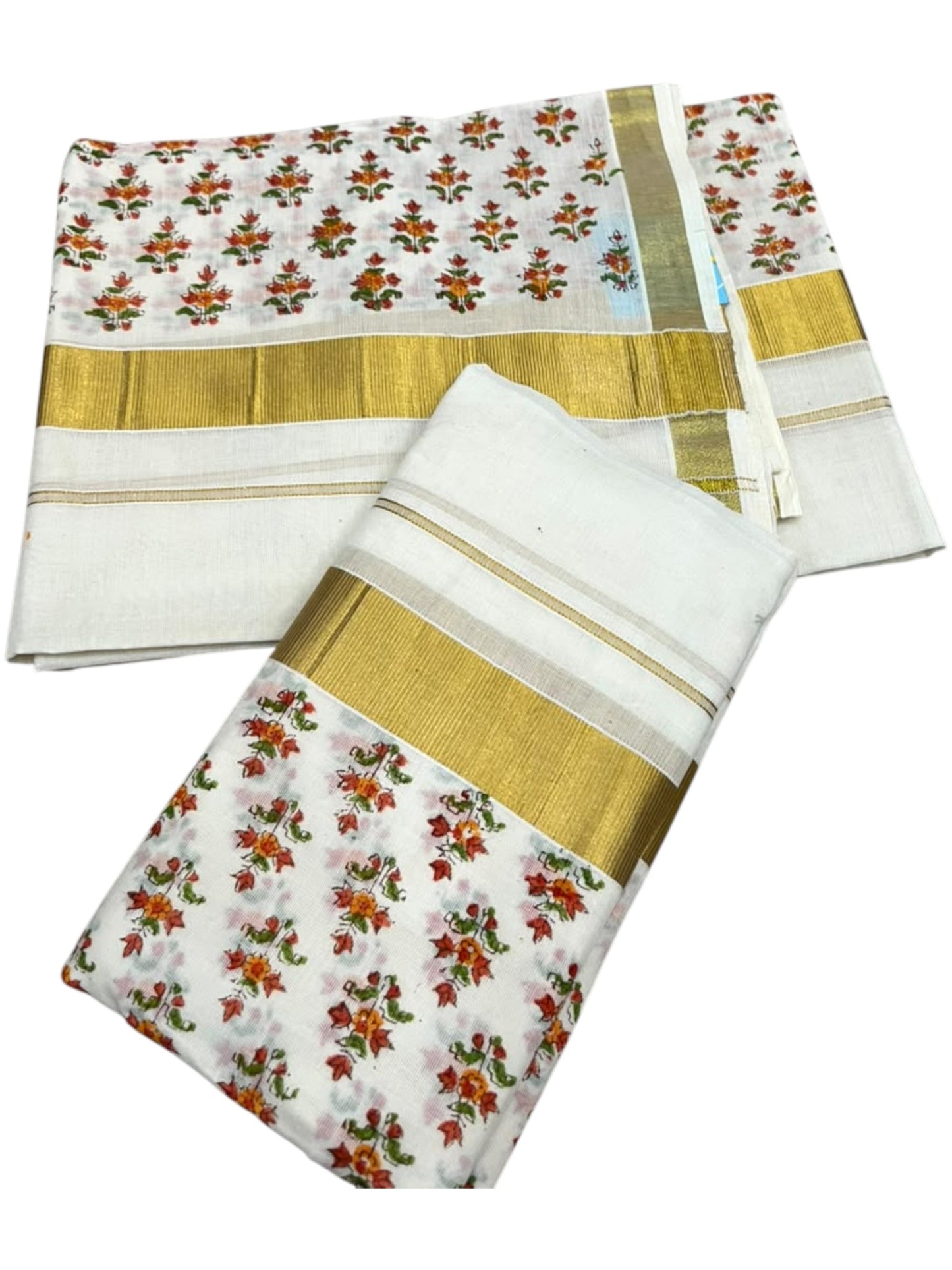 Southloom Cotton Single Set Mundu (Mundu Neriyathum) With Floral Digital Print In Orange 2.80 Mtrs