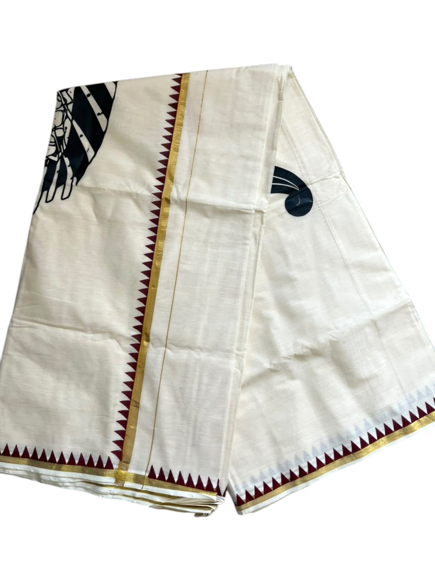 Southloom Pure Cotton Kerala Kasavu Saree with Digital & Temple Border SL592