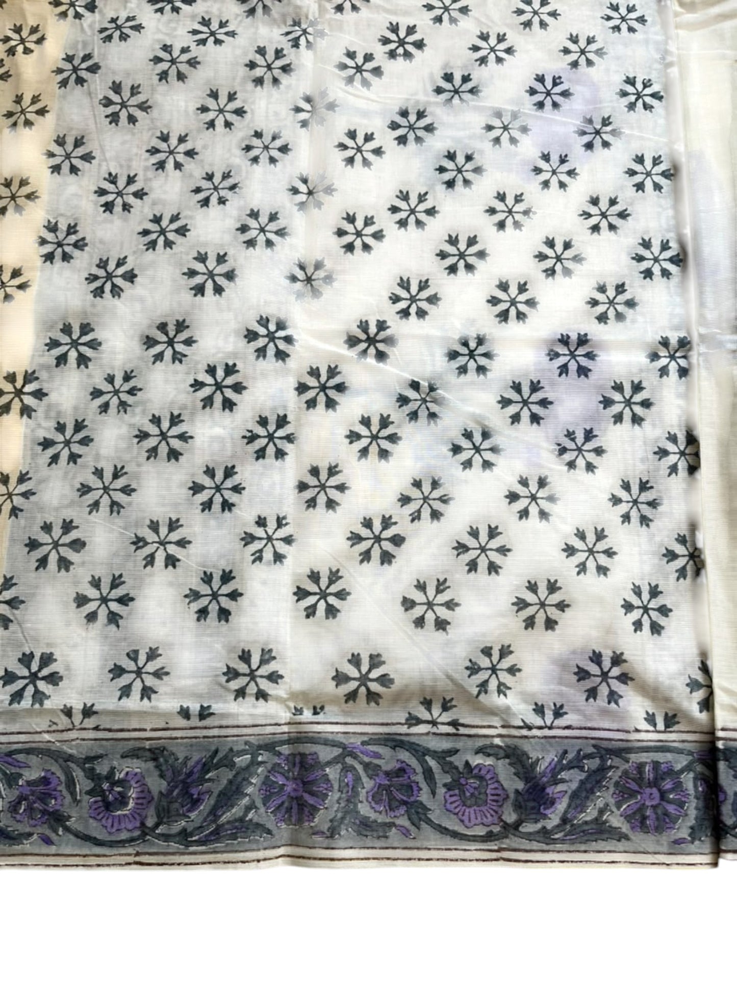 Southloom Cotton Kerala Kasavu Saree with Jaipur Block Printed on Body And Borders in Lavender SL561