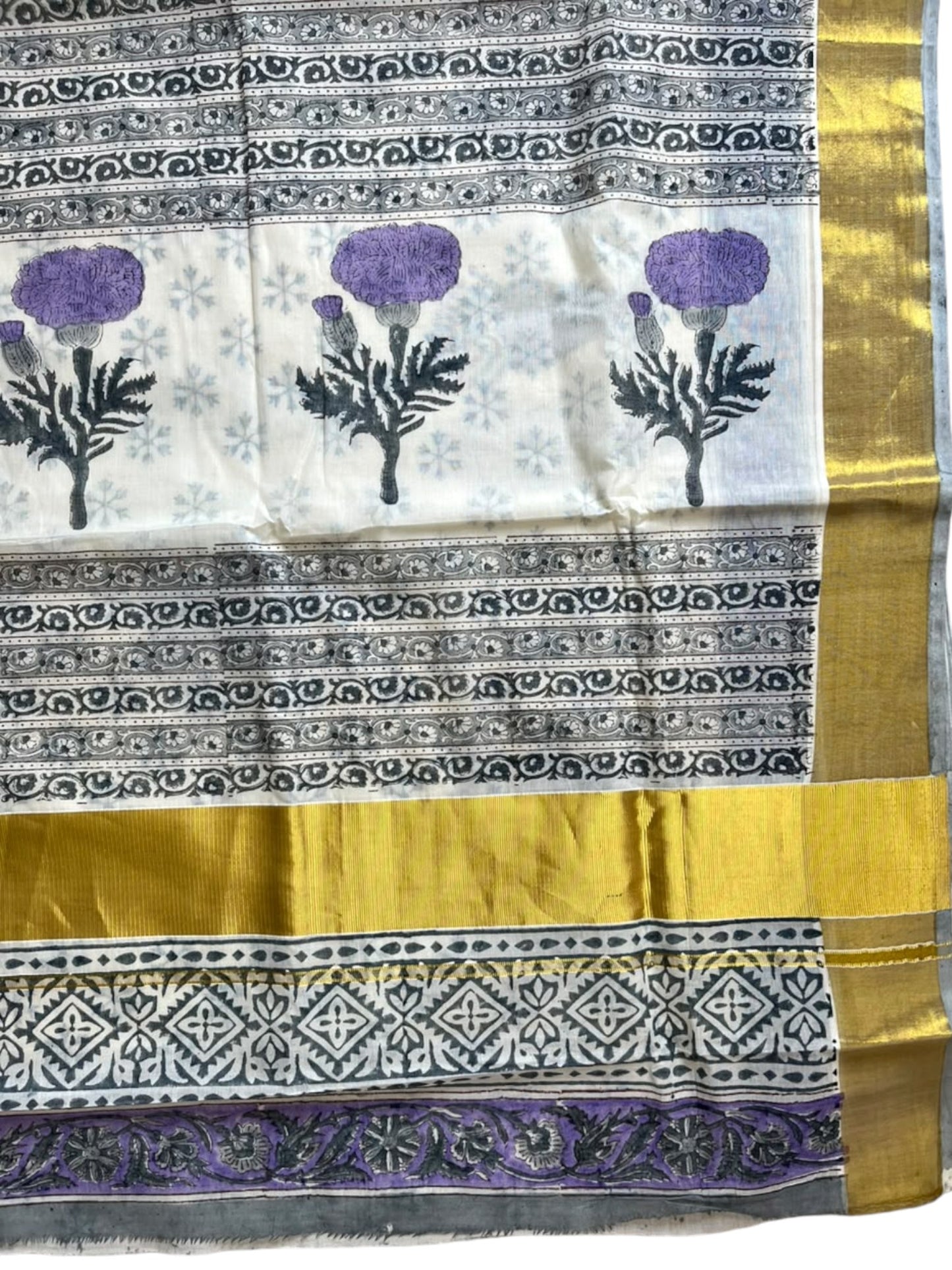 Southloom Cotton Kerala Kasavu Saree with Jaipur Block Printed on Body And Borders in Lavender SL561