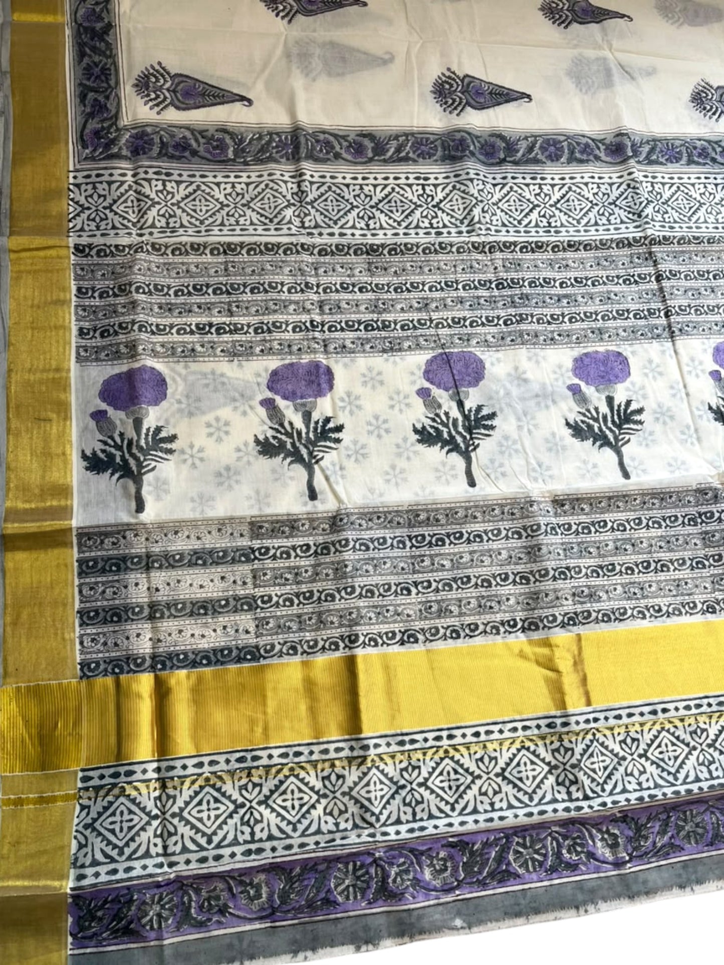 Southloom Cotton Kerala Kasavu Saree with Jaipur Block Printed on Body And Borders in Lavender SL561