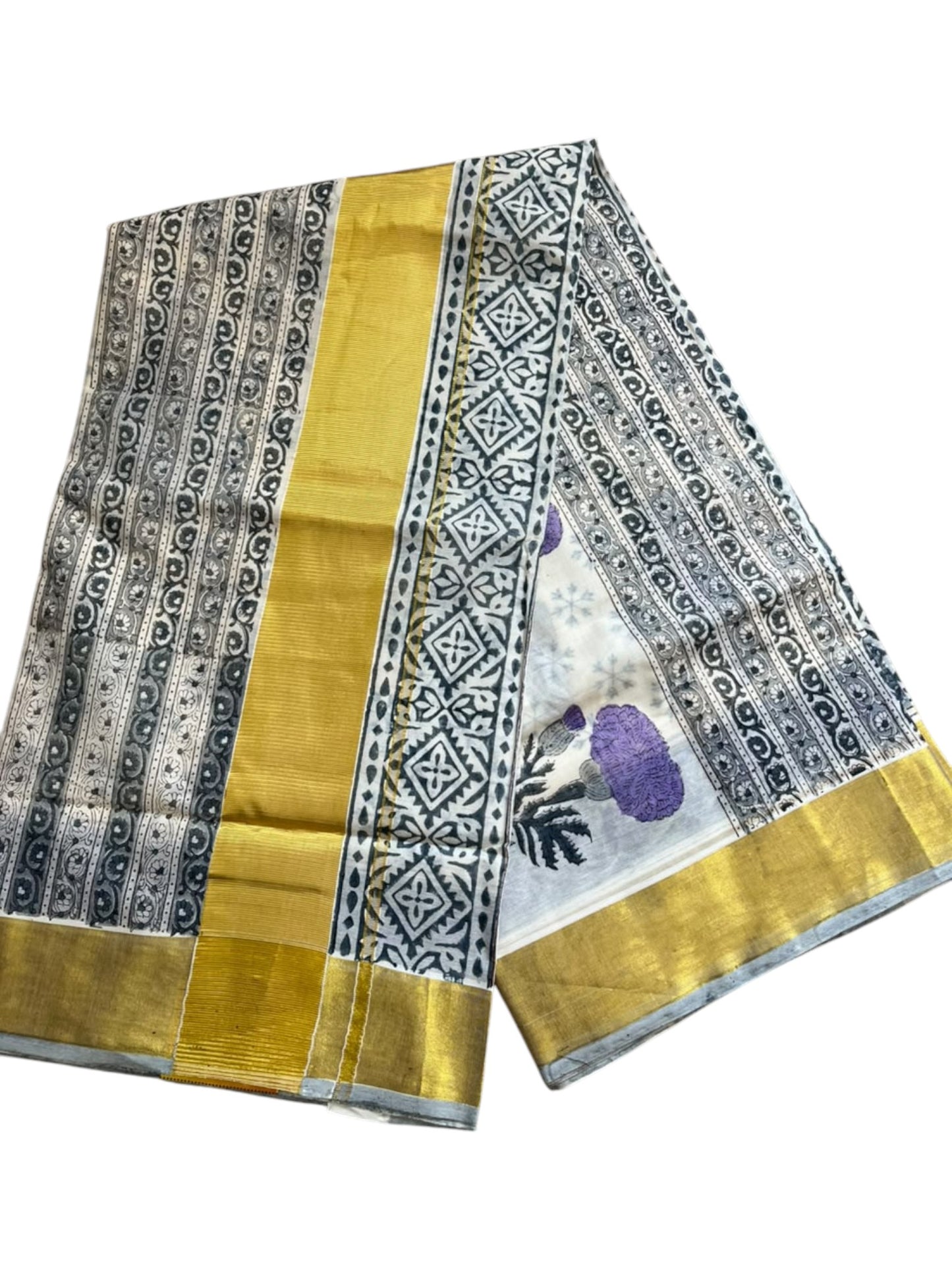 Southloom Cotton Kerala Kasavu Saree with Jaipur Block Printed on Body And Borders in Lavender SL561