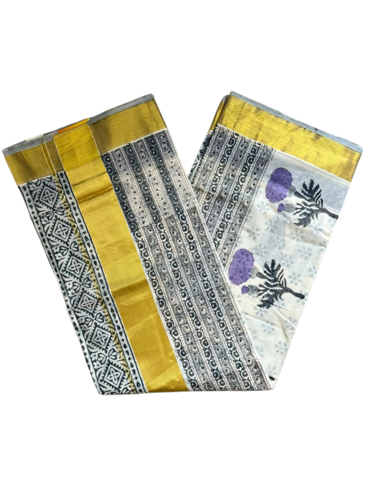 Southloom Cotton Kerala Kasavu Saree with Jaipur Block Printed on Body And Borders in Lavender SL561