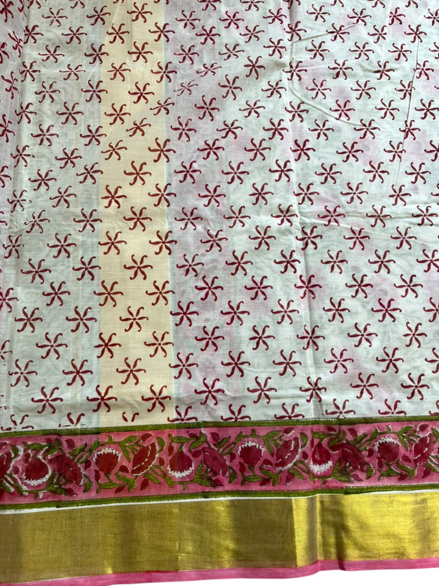 Southloom Cotton Kerala Kasavu Saree with Jaipur Block Printed on Body And Borders in Red SL561
