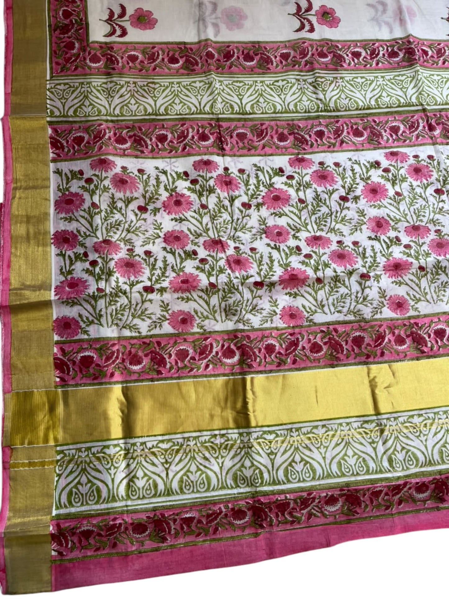 Southloom Cotton Kerala Kasavu Saree with Jaipur Block Printed on Body And Borders in Red SL561