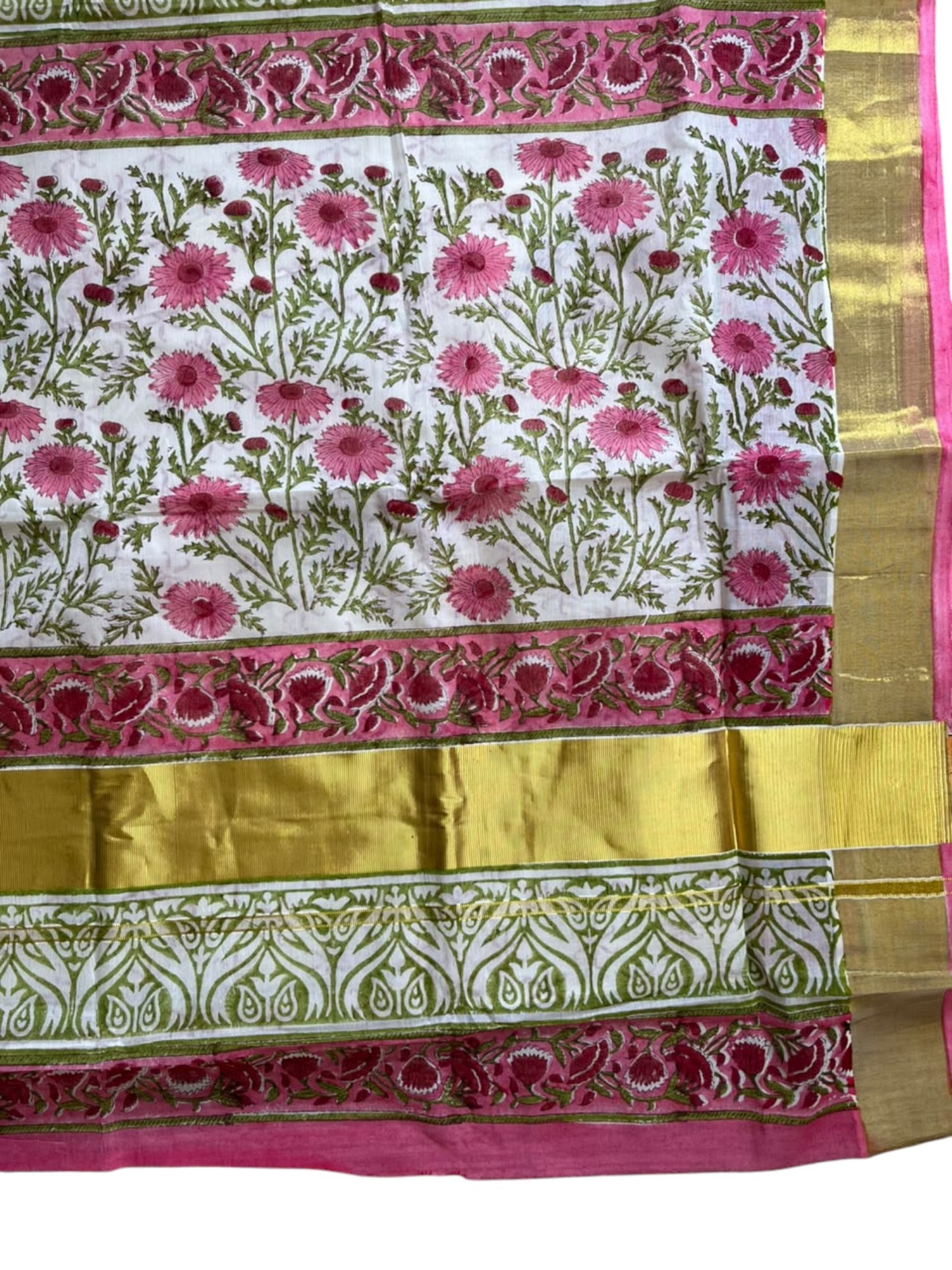 Southloom Cotton Kerala Kasavu Saree with Jaipur Block Printed on Body And Borders in Red SL561