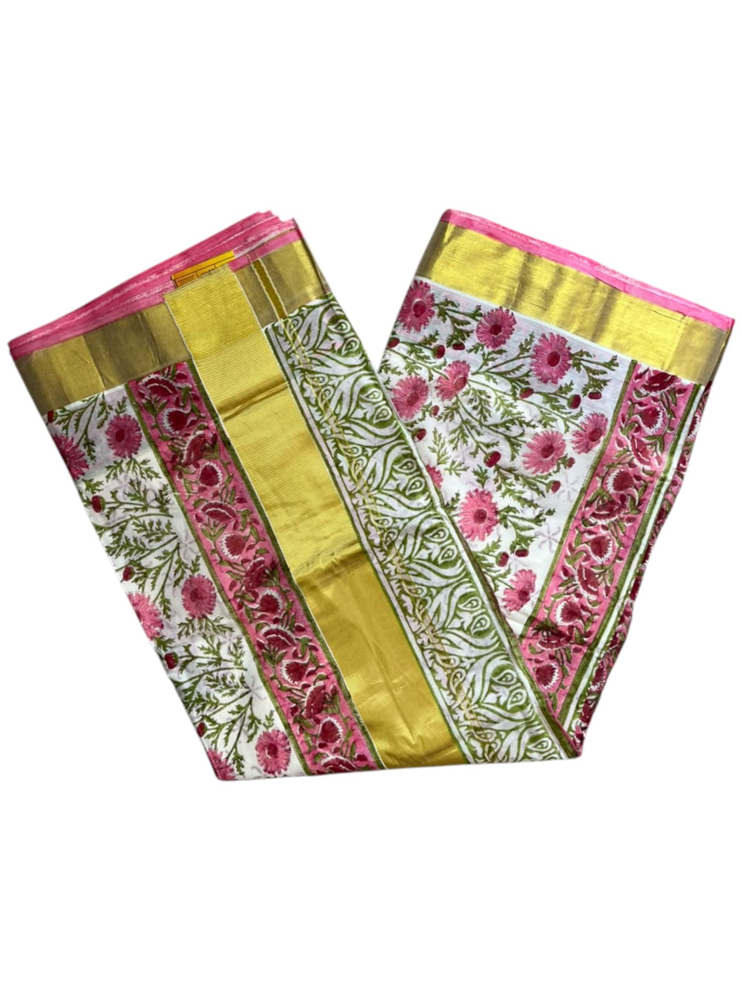 Southloom Cotton Kerala Kasavu Saree with Jaipur Block Printed on Body And Borders in Red SL561