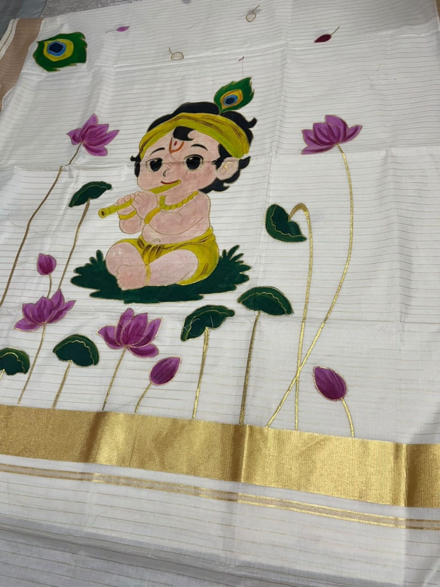Southloom Cotton Kerala Kasavu Saree with Hand Painted Embroidery Krishna Design  SL596