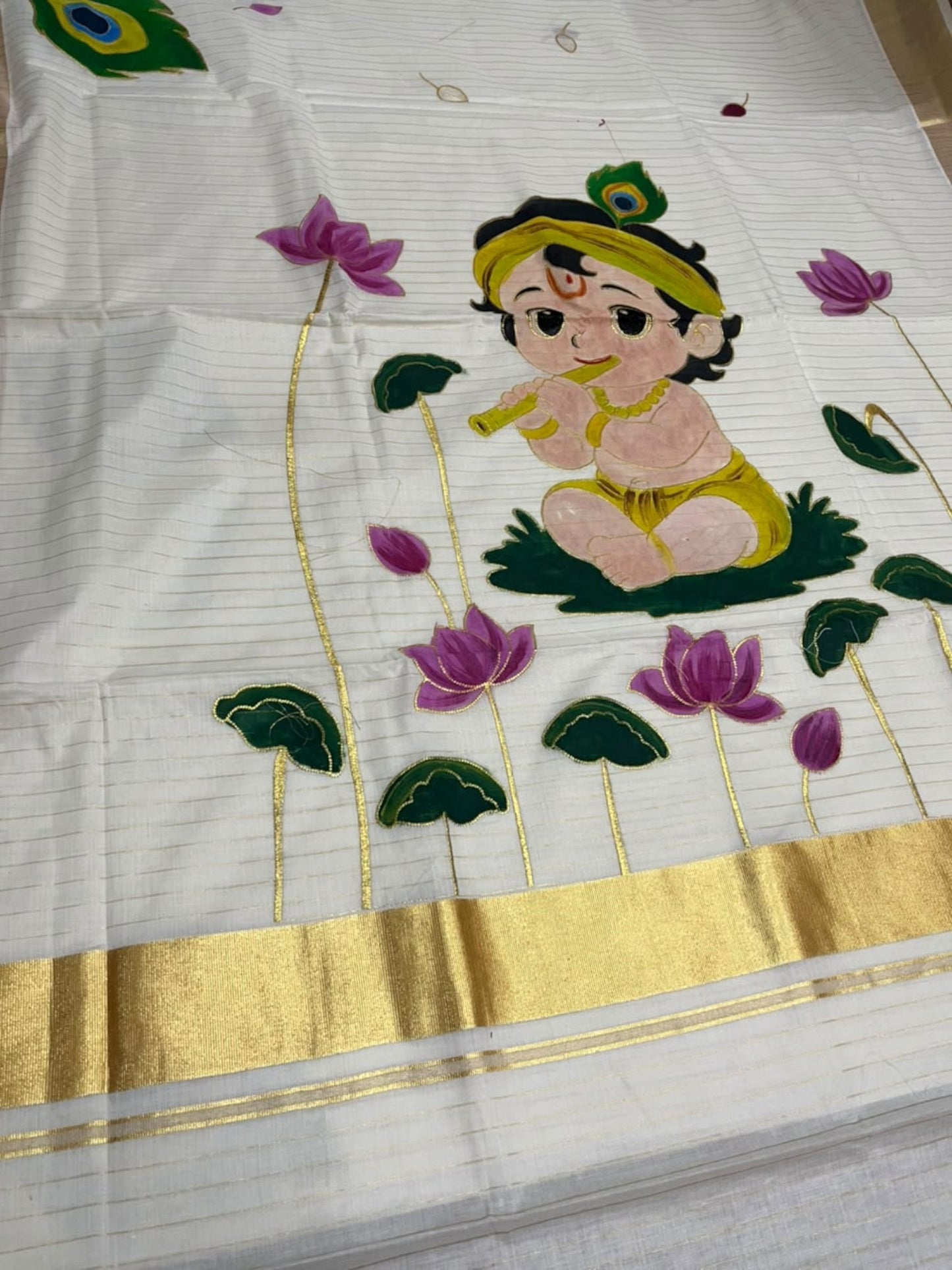 Southloom Cotton Kerala Kasavu Saree with Hand Painted Embroidery Krishna Design  SL596